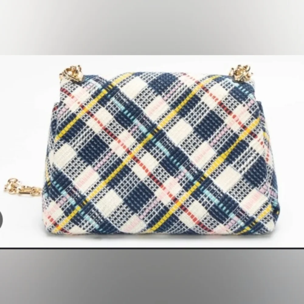 Kate Spade Blue Tweed Carlyle Shoulder Bag Purse $395 Handbag Plaid Gold Chain